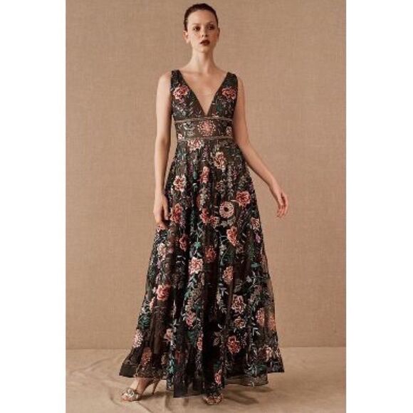BHLDN Dresses & Skirts - BHLDN Black Floral Embroidered Maxi Dress
